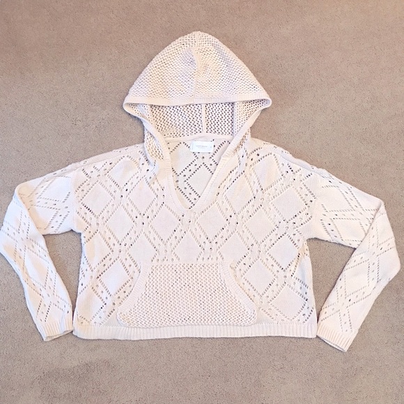 Lucky Brand Sweaters - Lucky Brand Crochet Hoodie Cropped Sweater Women Medium Cream Pointelle Pullover